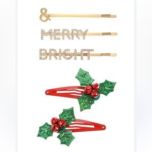Merry and Bright Hair Clips 5Pk Color Gold, Green, and Red.